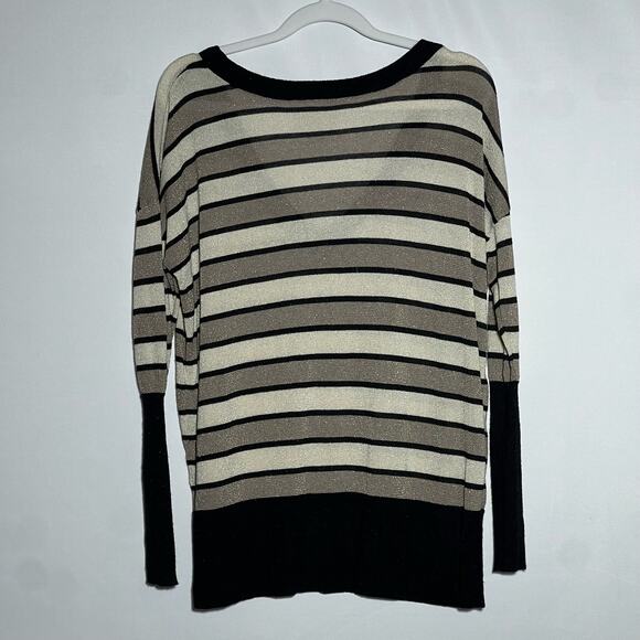 Chaser Lurex Striped V Neckline Pullover Sweater Black Tan Womens Size Small - Picture 8 of 10